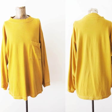 Vintage 90s Mustard Yellow Baggy Long Sleeve M L - 1990s Grunge Solid Color Yellow Pocket Chest Long Sleeve - Gender Neutral 