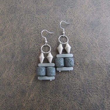 Industrial minimalist earrings, gray lava rock earrings, bold statement earrings, unique boho chic earrings, rustic artisan earrings, small 