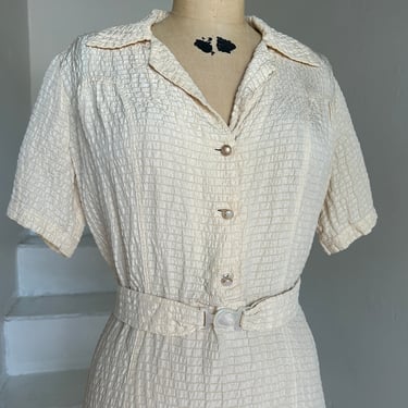 Late 1930s  Silky Plisse Dress Belted 42 Bust Vintage 