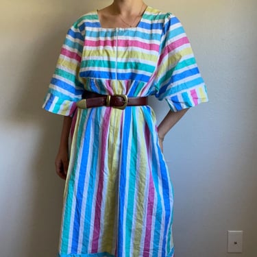 Vintage Womens Granada Rainbow Striped Cotton Pride Maxi Summer Dress Sz XL 