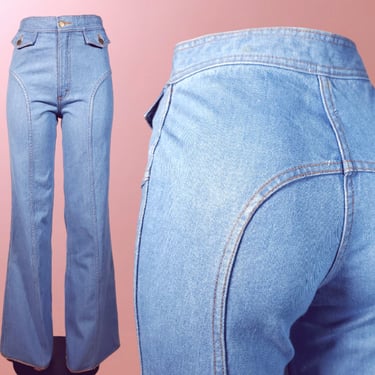 Bell bottom vintage jeans 1970s saddleback panel legs light wash hippie woodstock extra long (29 x 36) 