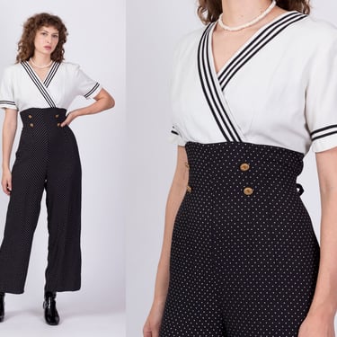 80s 90s Black & White Polka Dot Jumpsuit - Small to Medium | Vintage Short Sleeve Extra High Waist Pantsuit 