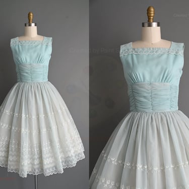 vintage 1950s dress | Blue Chiffon Full Skirt Cupcake Party Dress | XS Small 