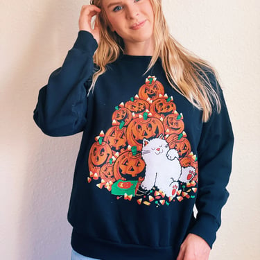 Vintage 80's 90's Halloween Sweatshirt / Cat and Jack-O-Lantern Sweater 