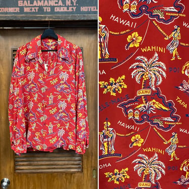 Vintage 1950’s Size XL Cartoon Hula Girl Tiki Island Silky Rayon Long Sleeve Hawaiian Shirt, Custom Made, 50’s Vintage Clothing 