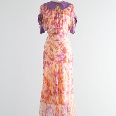 Glorious 1930's Silk Chiffon Morning Glory Print Bias Cut Gown In Shades of Autumn Foliage / SM