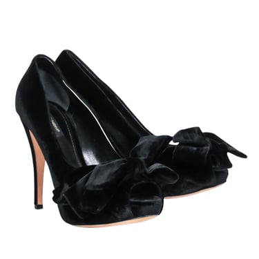 Dolce & Gabbana - Black Velvet Peep-Toe Pumps W/ Platform & Bows Sz 7.5