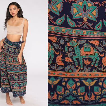 Indian WRAP Skirt Batik Elephant Print Maxi Boho Vintage Hippie Festival High Waist Bohemian Dark Blue Orange Small Medium Large 