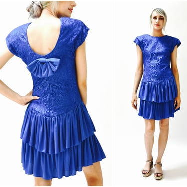 80s Prom Dress Blue Size Small medium Lace Ruffle dress Vintage 80s party Dress Blue Ruffles Size Small 