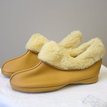 1950s Vinyl and Faux Shearling Slippers, Size 8 