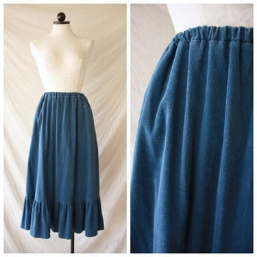 70s 80s Blue Corduroy Western Skirt with Ruffle One Size Fits Most 