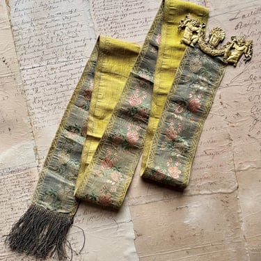 Fine Antique Silk Brocade Ribbon w/ Ormolu Applique French 18th C to Empire 