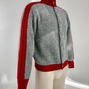 1960's MOD Ski Sweater - PURITAN Label - Gray with Red Details - Metal Buttons - Orlon Acrylic - Made in the U S A - Men's Size  LARGE 