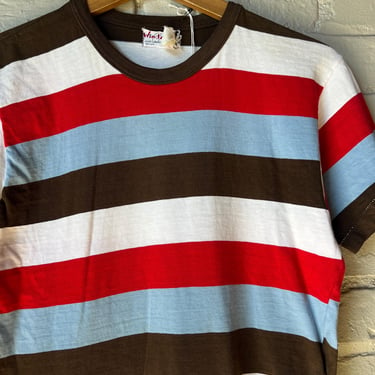 Small, 1950s Striped Cotton T-shirt, Surf, Red Brown Blue, Chunky Stripe 