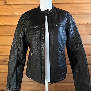 Pink Platinum Black Hammered Leather Jacket with Multiple Zipper Pockets Sz M 