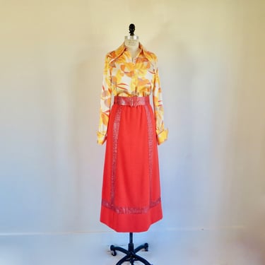 1970's Malcolm Starr Coral Orange Wool A Line Maxi Skirt with Snakeskin Trim and Belt 70's Mod Style Hippie Boho 27