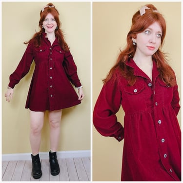 1990s Vintage DK Fish Cotton Corduroy Shirt Dress / 90s Button Up Maroon Fit and Flare Mini Dress / Size Medium 