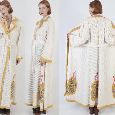 40s Chenille Peacock Embroidered Robe, 50's Ribbed Bell Sweep, Vintage Colorful Wrap Evening House Dress Jacket 