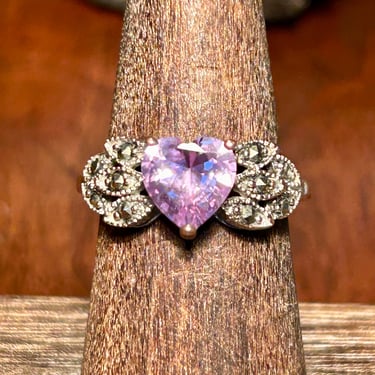 Amethyst Heart Ring Marcasite Art Deco Style Copper Silver Band Retro Jewelry 