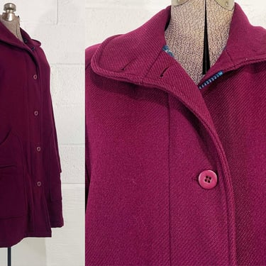 Vintage Felted Winter Coat Lined Parka Peacoat Lined Jacket Hipster Woolrich Woman Plum Wool Blend Mid Length XL 1980s 