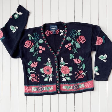 cute cottagecore cardigan | 80s 90s vintage dark navy blue pink green floral crewel embroidered knit sweater 