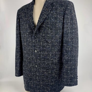 1950's Flecked Sports Coat - Black Body with Creamy White & Blue Flecks -  Men's Size Medium to Tailored Large 