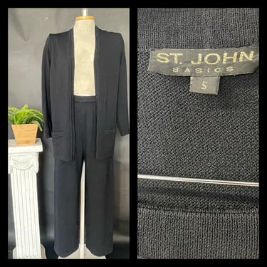 Vintage 1980s 1990s 90s Y2k St. John Knit Pant Set Suit Basic Cardigan Pants Casual Classic Designer Black Medium Two Piece 