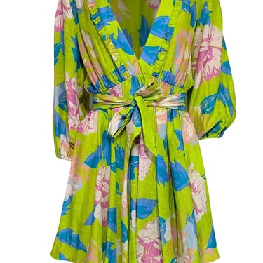 A Peace Treaty - Green &amp; Multi Color Floral V-Neckline Linen Blend Dress Sz M