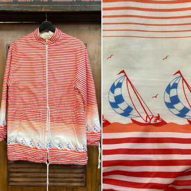 Vintage 1960’s Nautical Print Stripped Jacket with Terrycloth Liner, 60’s Jacket, 60’s Beach Coat, 60’s Nautical Top, Vintage Clothing 