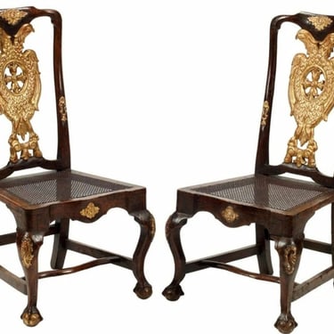 18th Century Baroque Period Carved Gilt Wood Two Headed Eagle Side Chair Pair 