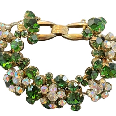 1960s Green and Iridescent White Floral Cluster Rhinestone Link Bracelet