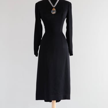 Sublime 1950's Estevez Black Silk Cocktail Dress With Plunging Low Back / SM