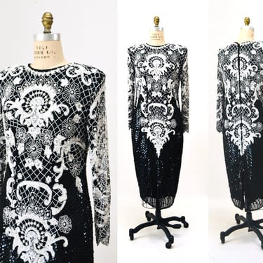 90s Vintage Black White Sequin Beaded Dress Size large Pearls sequins Beads// 80s 90s Glam Vintage Black Beaded long sleeve Dress Size Large 