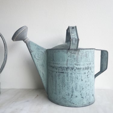 Large Vintage Blue Watering Can with Handle and Copper Galvanized Spout Modern Farmhouse Garden Zinc Rustic Display Vase Garden Greenhouse 