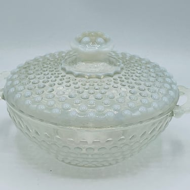 Vintage Anchor Hocking Opalescent Hobnail Moonstone Covered Candy Dish w/Handles 