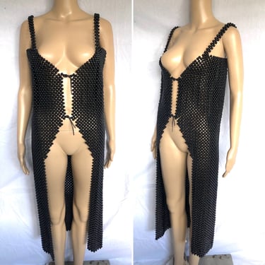 Vintage 1970's Semi Sheer Fully Black Beaded Woven Dress Vest - size Small 