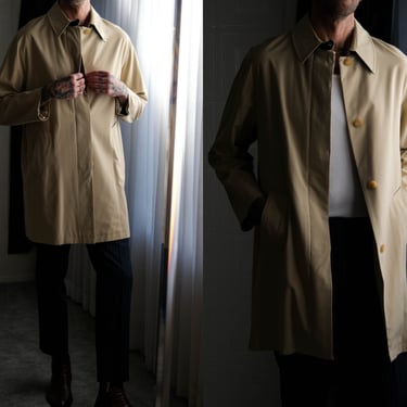 Vintage SULKA Light Tan Gabardine Overcoat w/ Chocolate Brown Leather Trim | Made in Italy | 100% Lambskin | Y2K Italian Designer Mod Coat 