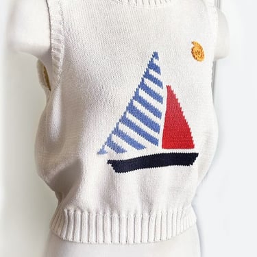 Vintage Sailboat Sweater Pullover Sleeveless Nautical Boat Top Shirt Blouse LIZSPORT Liz Claiborne 1980's, 1990's, Y2K Designer Cotton Vest 