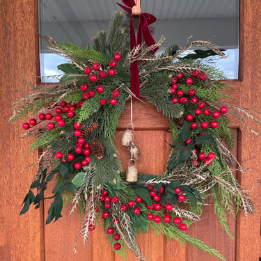 Wild and Rustic Red Berry Evergreen Christmas Wreath, Boho Christmas Wreath, Wreath with vintage bells, Sophisticated Classic Holiday Wreath 