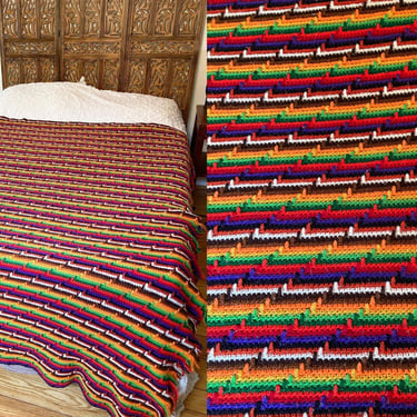 Vintage 70s Rainbow Knit Afghan Blanket 