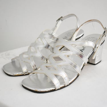 1970s Metallic Silver Strappy Heeled Sandals, Size 7-8 