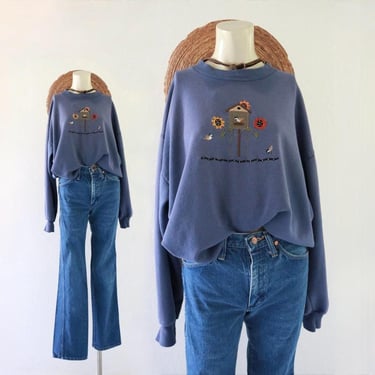 worrrn embroidered sweatshirt - vintage 90s y2k blue cute cottage cottagecore flower floral bird birds sunflower long sleeve sweats 