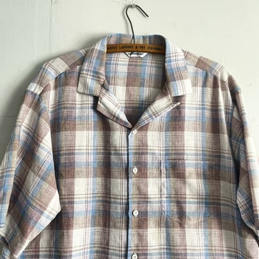 Vintage 70 80s Loop Collar McGregor Contemporary Plaid Button Up Short Sleeve Shirt Size L 