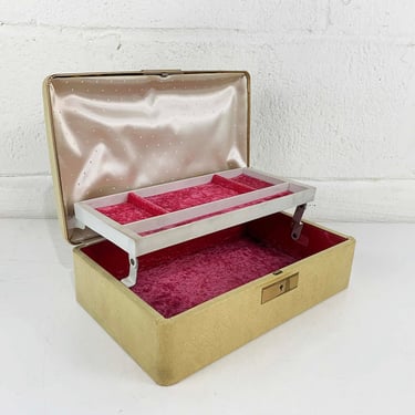 Vintage White Farrington Jewelry Box Crushed Velvet Pink Gold Floral Case Vanity Retro Storage 1950s 50s Boho Organizer Brass Coronet 