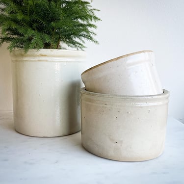 Antique Crock Beige Stoneware Crock Pottery Farmhouse Kitchen Utensil Storage Heavy Stone Crockery Jar Wide Mouth Vintage Canister Planter 