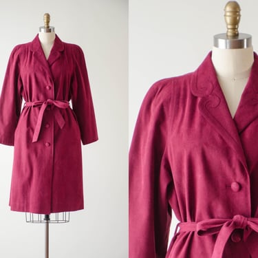 red belted jacket | 70s 80s vintage burgundy microsuede vegan faux suede long belted trench coat 