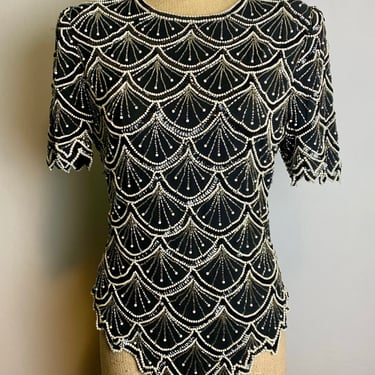 Vintage 70s Speakeasy Cocktail Party Black And White Beaded Sequined Blouse | Size Small 