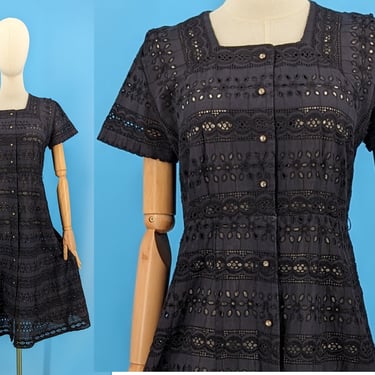 Vintage Fifties Black Lace Short Sleeve Dress - 50s Medium Rhinestone Button Front Shirtwaist Dress 