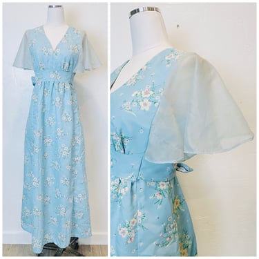 1970s Vintage Baby Blue Flocked Floral Maxi Dress / 70s Poly Sheer Flutter Sleeve Pastel Gown / Size Small - Medium 