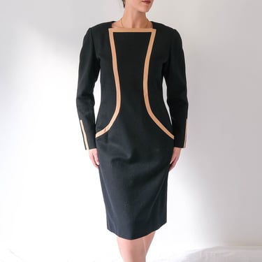 Vintage 80s E Strauss for Neiman Marcus Black & Tan Wool Shift Dress w/ Avant Garde Paneled Pocket Design | 100% Wool | 1980s Designer Dress 